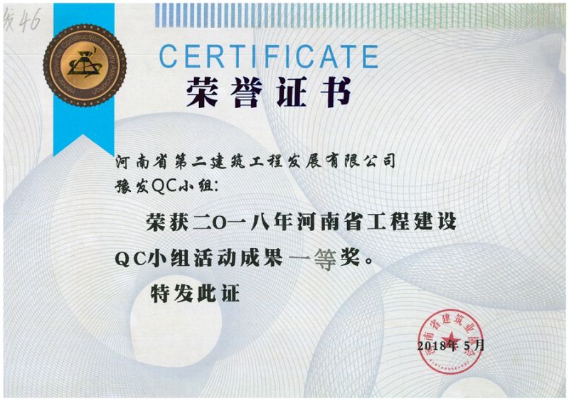 QC (Henan Construction Industry Association) issued QC team first prize