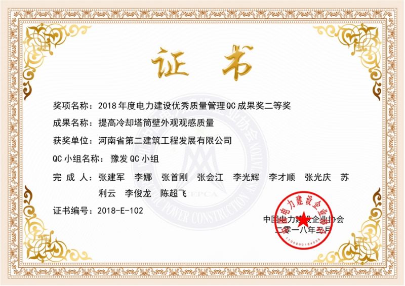 QC (China Electric Power Construction Enterprise Association) Yofa QC Team Second Prize (Improve the appearance and feeling quality of cooling tower cylinder wall)