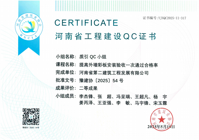 The Quality Guidance QC team won the second-class achievement award of Henan Construction Industry Association - the project department of Chibi Puqi Power Plant
